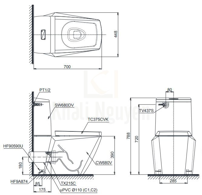 Bản Vẽ Bồn Cầu TOTO CS680PDT4  Hai Khối Nắp TC375CVK