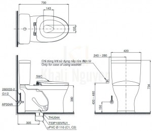 Bản Vẽ Bồn Cầu TOTO CS735DT3 Hai Khối Nắp TC385VS