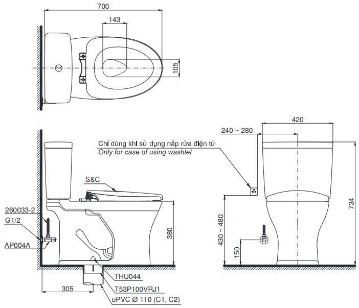 Bản Vẽ Bồn Cầu 2 Khối TOTO CS735DW16