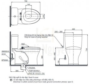 Bản vẽ Bồn Cầu Điện Tử TOTO CS735DW6 Nắp Rửa Washlet