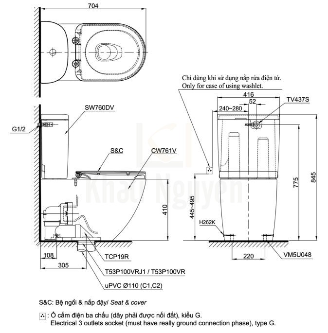 Bản Vẽ Bồn Cầu TOTO CS761DE5 Hai Khối Nắp Rửa Cơ