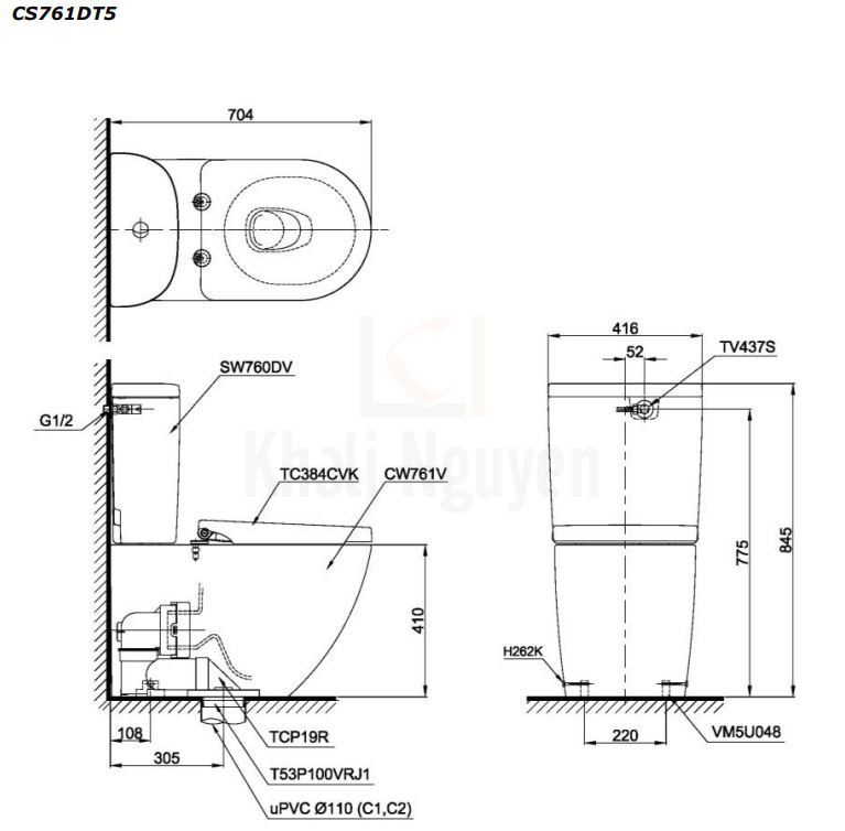 Bản Vẽ Bồn Cầu TOTO CS761DT5 2 Khối Nắp TC384CVK