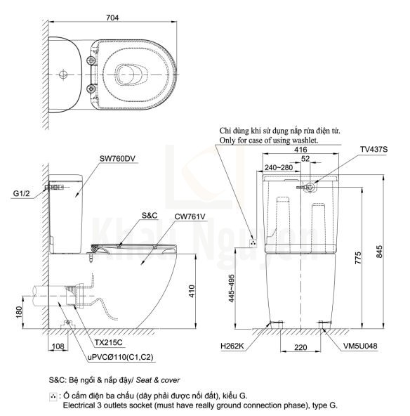 Bản Vẽ Bồn Cầu Hai Khối TOTO CS761PDT5 Thoát Ngang