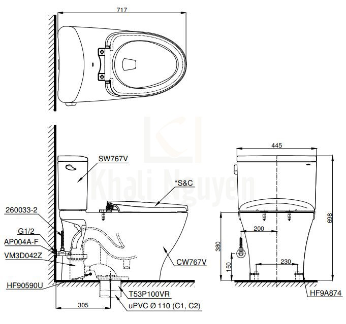 Bản Vẽ Bồn Cầu TOTO CS767RE4 Hai Khối Nắp Rửa Cơ