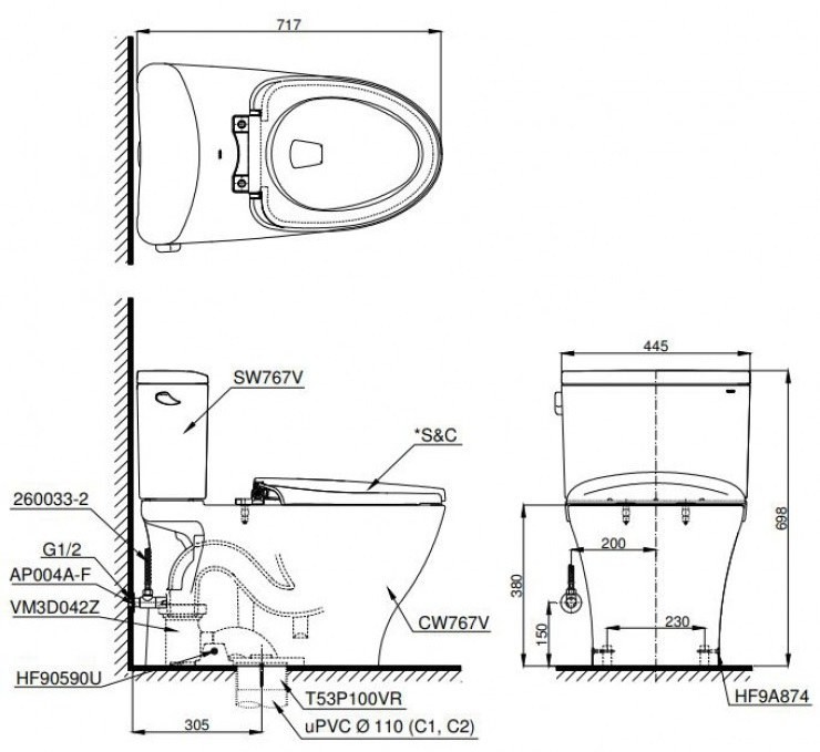 Bản Vẽ Bồn Cầu 2 Khối TOTO CS767RT10