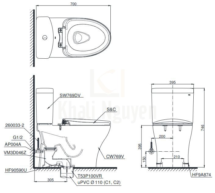 Bản Vẽ Bồn Cầu Điện Tử TOTO CS769CDRW12 Nắp Rửa Washlet