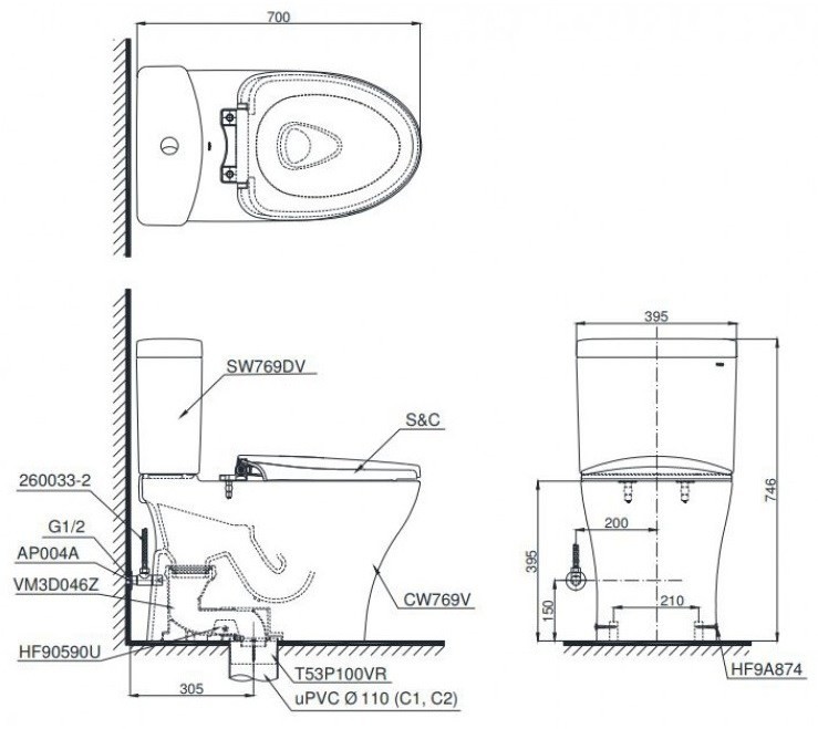 Bản Vẽ Bồn Cầu 2 Khối TOTO CS769DRT10