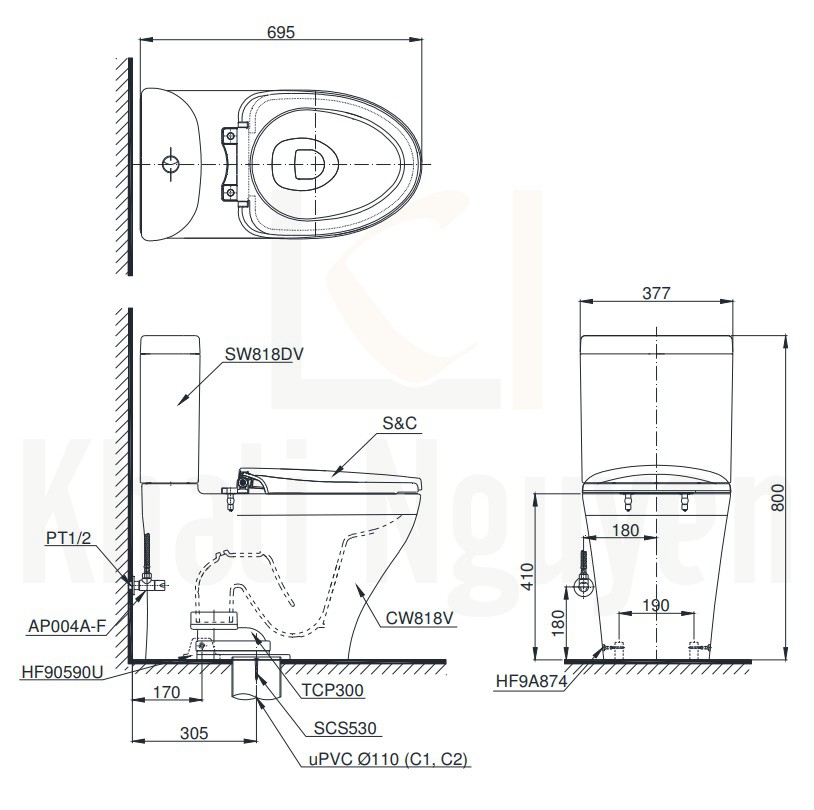 Bản Vẽ Bồn Cầu Điện Tử TOTO CS818CDW12 Nắp Tự Động Đóng Mở