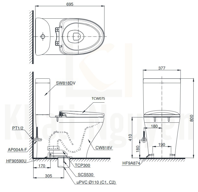 Bản Vẽ Bồn Cầu TOTO CS818DE2 Hai Khối Nắp Cơ