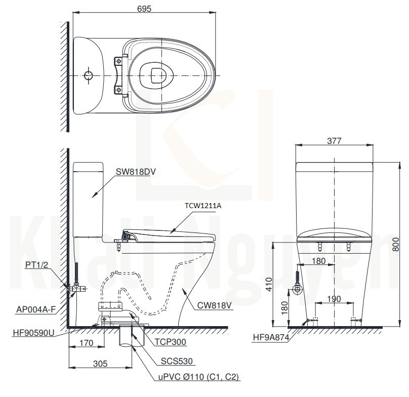 Bản Vẽ Bồn Cầu TOTO CS818DE4 Hai Khối Nắp Cơ