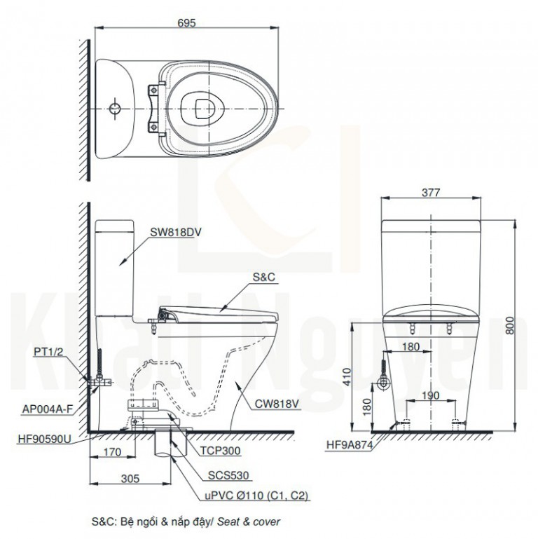 Bản Vẽ Bồn Cầu Điện Tử TOTO CS818DW6 Nắp Rửa Washlet