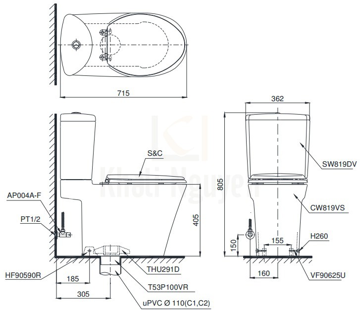 Bản Vẽ Bồn Cầu Hai Khối TOTO CS819DST3 Nắp TC385VS