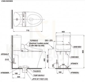 Bản Vẽ Bồn Cầu Hai Khối TOTO CS819DSW6 Nắp Rửa Điện Tử