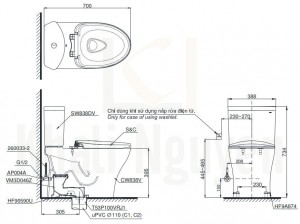 Bản Vẽ Bồn Cầu Điện Tử TOTO CS838DW7 Nắp Rửa Washlet
