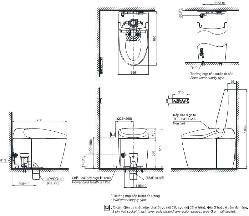 Bản vẽ bồn cầu điện tử TOTO CS921VT/TCF83410GAA/T53P100VR