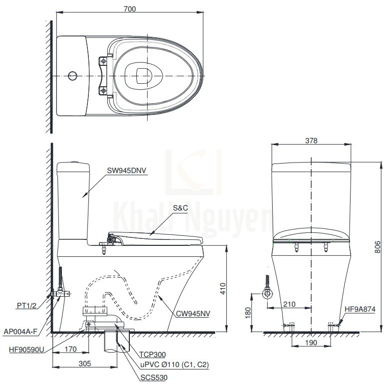 Bản Vẽ Bồn Cầu Điện Tử TOTO CS945DNW4 Nắp Tự Động Đóng Mở