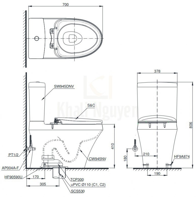 Bản Vẽ Bồn Cầu Điện Tử TOTO CS945DNW4 Nắp Tự Động Đóng Mở