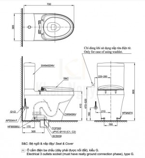 Bản Vẽ Bồn Cầu Điện Tử TOTO CS945DNW6 Nắp Rửa Washlet