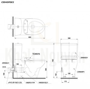 Bản Vẽ Bồn Cầu Hai Khối TOTO CS945PDE2 Nắp Rửa TCW07S