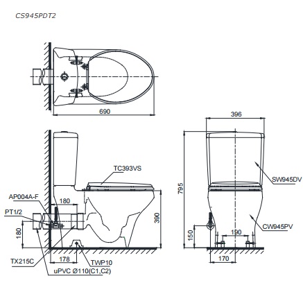 Bản Vẽ Bồn Cầu Hai Khối TOTO CS945PDT2 Thoát Ngang