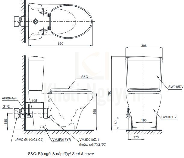 Bản Vẽ Bồn Cầu Hai Khối TOTO CS945PDT8 Thoát Ngang