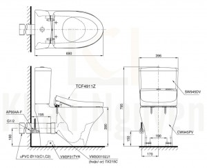 Bản Vẽ Bồn Cầu Hai Khối TOTO CS945PDW11 Nắp Rửa WASHLET