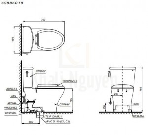 Bản Vẽ Bồn Cầu Hai Khối TOTO CS986GT9 Nắp Êm