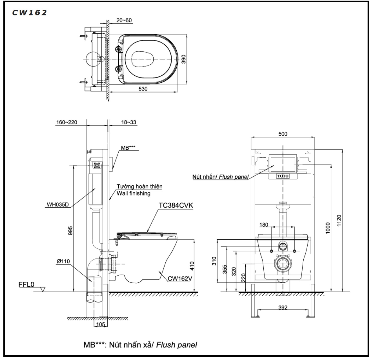 Bản vẽ bồn cầu TOTO treo tường CW162/TC384CVK/WH172A/MB174P#WH