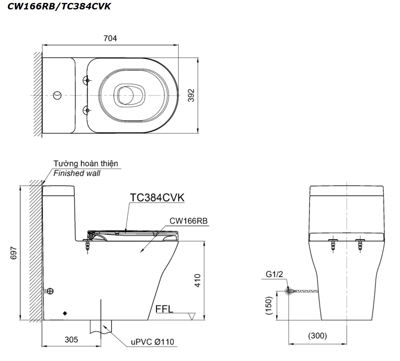 Bản vẽ bồn cầu TOTO 1 khối CW166RB/TC384CVK/T53P100VR