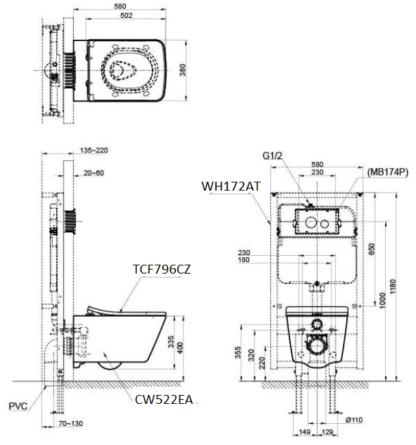 Bản vẽ bồn cầu TOTO treo tường CW522EA/TCF796CZ/WH172AT/MB171M#SS