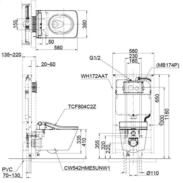 Bản vẽ bồn cầu TOTO treo tường CW522EA/TCF803CZ/WH172AT/MB171M#SS