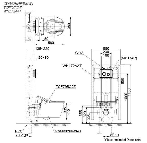 Bản vẽ bồn cầu TOTO treo tường CW542HME5UNW1/TCF795C2Z/WH172AAT/MB175M#SS