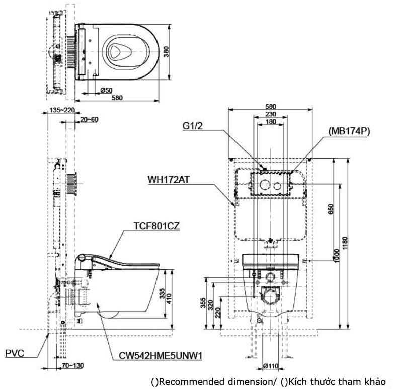 Bản vẽ bồn cầu TOTO treo tường CW542HME5UNW1/TCF801CZ/WH172AT/MB175M