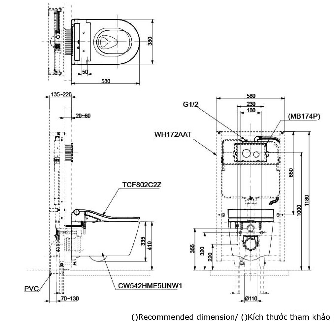 Bản vẽ bồn cầu TOTO treo tường CW542HME5UNW1/TCF802C2Z/WH172AAT/MB175M#SS