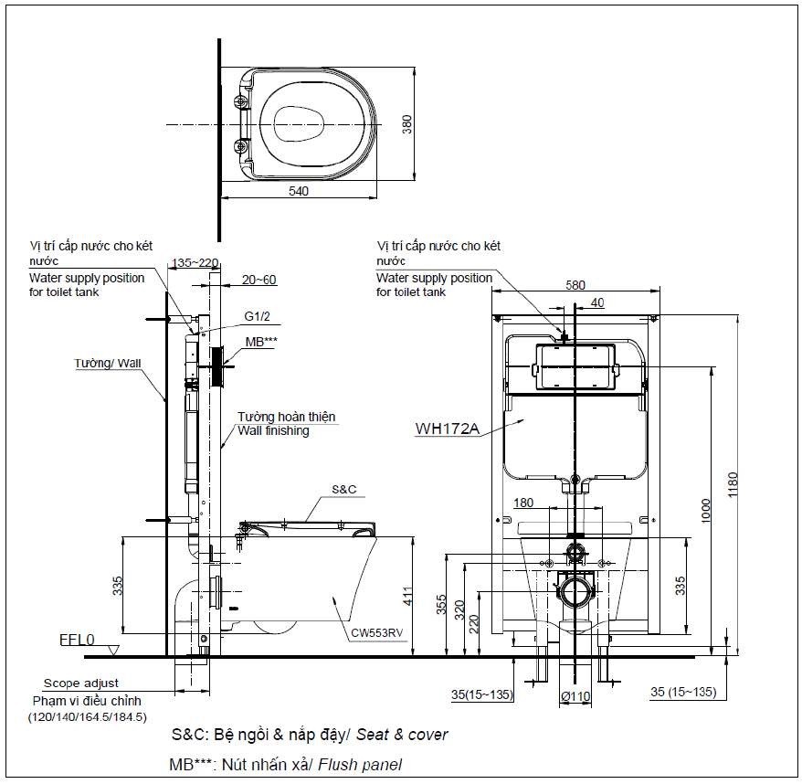 Bản vẽ bồn cầu treo tường TOTO CW553/TC384CVK/WH172A/MB170P