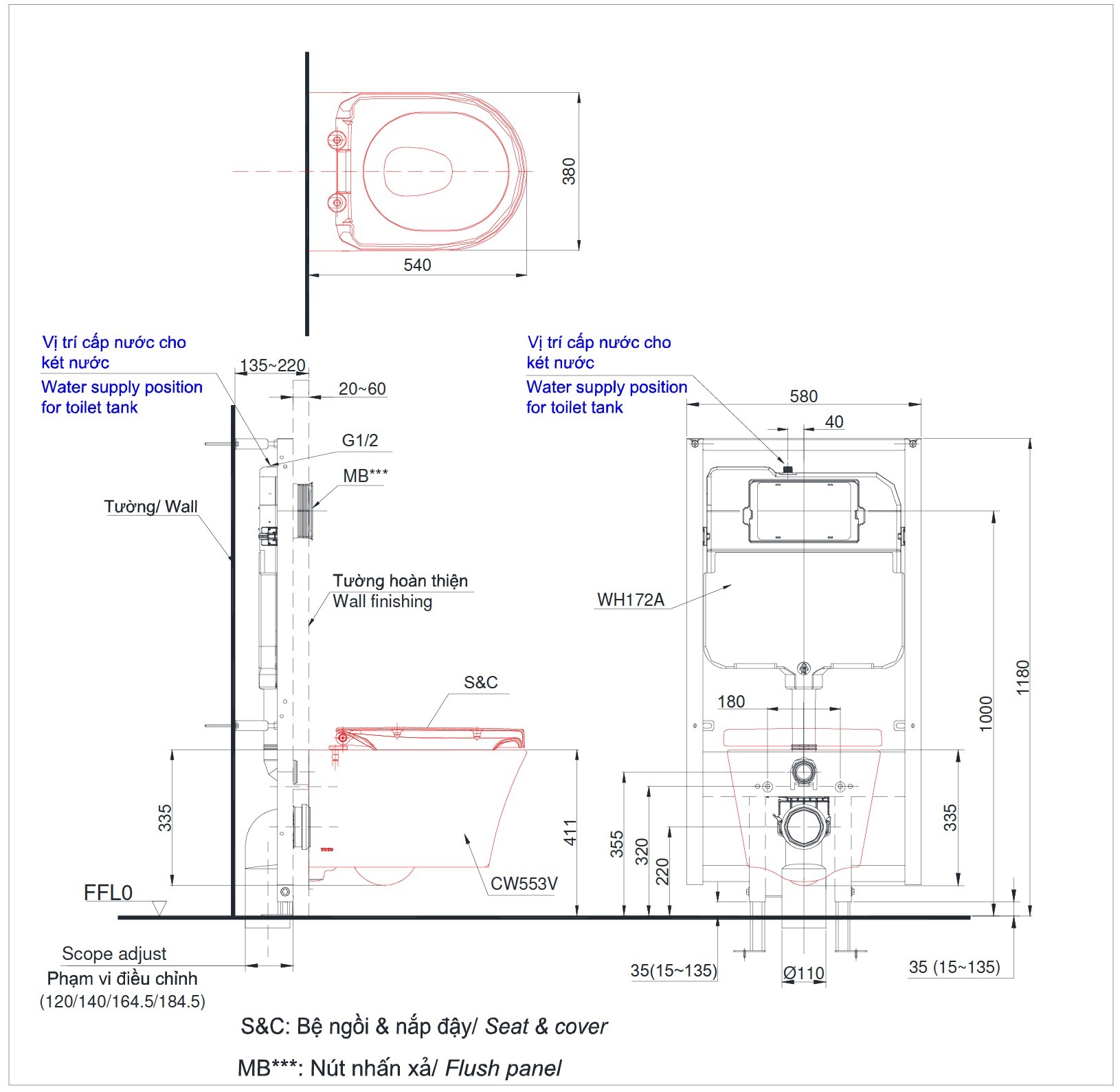 Bản vẽ bồn cầu TOTO treo tường  CW553/TCF33320GAA/WH172A/MB170P