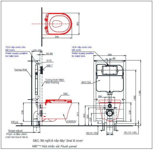 Bản Vẽ Bồn Cầu TOTO Treo Tường CW553/TCF34320GAA/WH172A/MB175M#SS