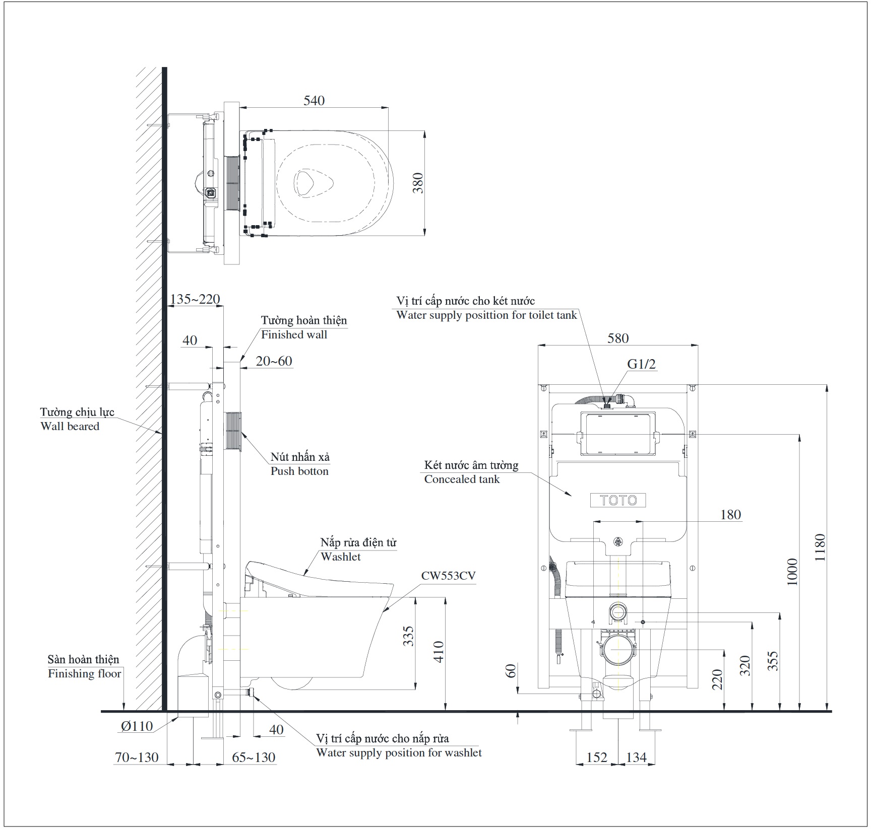 Bản vẽ bồn cầu TOTO treo tường CW553C/TCF33370GAA/WH172AT/TCA465/MB170P#SS