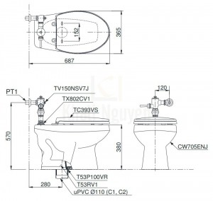 Bản Vẽ Bồn Cầu TOTO CW705ENJ/TV150NSV7J Van Xả Gạt Tay