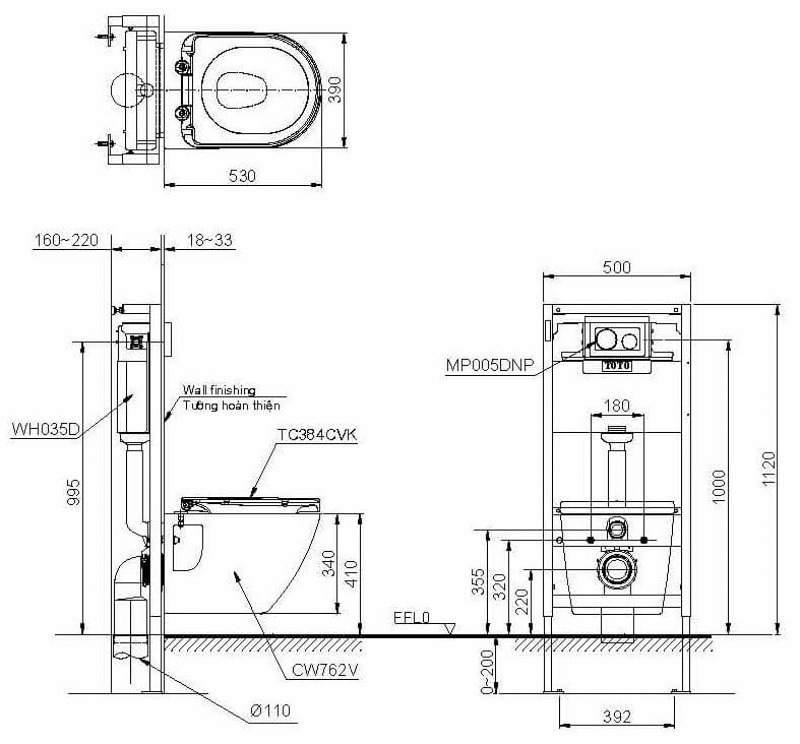 Bản vẽ bồn cầu TOTO treo tường CW762/TC384CVK/WH172A/MB176G#WH