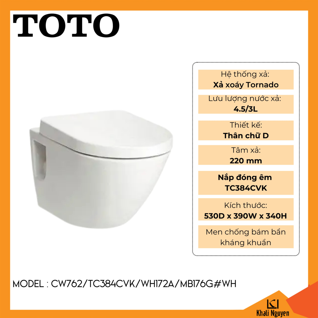 Bồn cầu TOTO treo tường CW762/TC384CVK/WH172A/MB176G#WH
