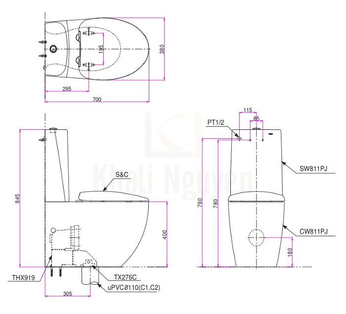 Bản Vẽ Bồn Cầu TOTO CW811PJWS/SW811JPW/F 2 Khối