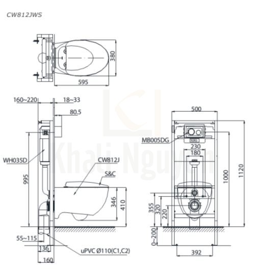 Bản Vẽ Bồn Cầu TOTO CW812JWS/WH037D-162B/MB005DG Treo Tường