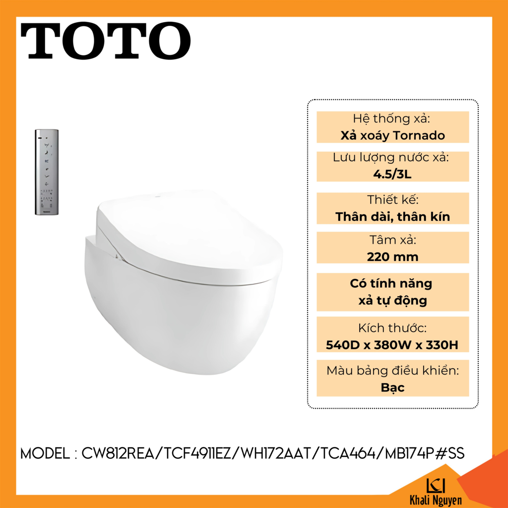 Bồn cầu TOTO treo tường CW812REA/TCF4911EZ/WH172AAT/TCA464/MB174P#SS
