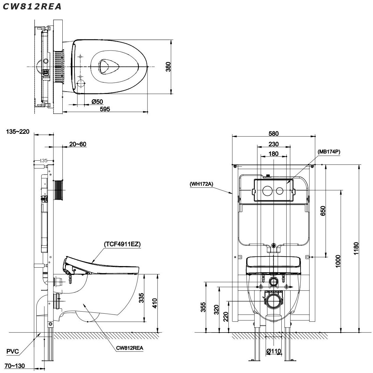 Bản vẽ bồn cầu TOTO treo tường CW812REA/TCF4911EZ/WH172AT/TCA465/MB174P#SS