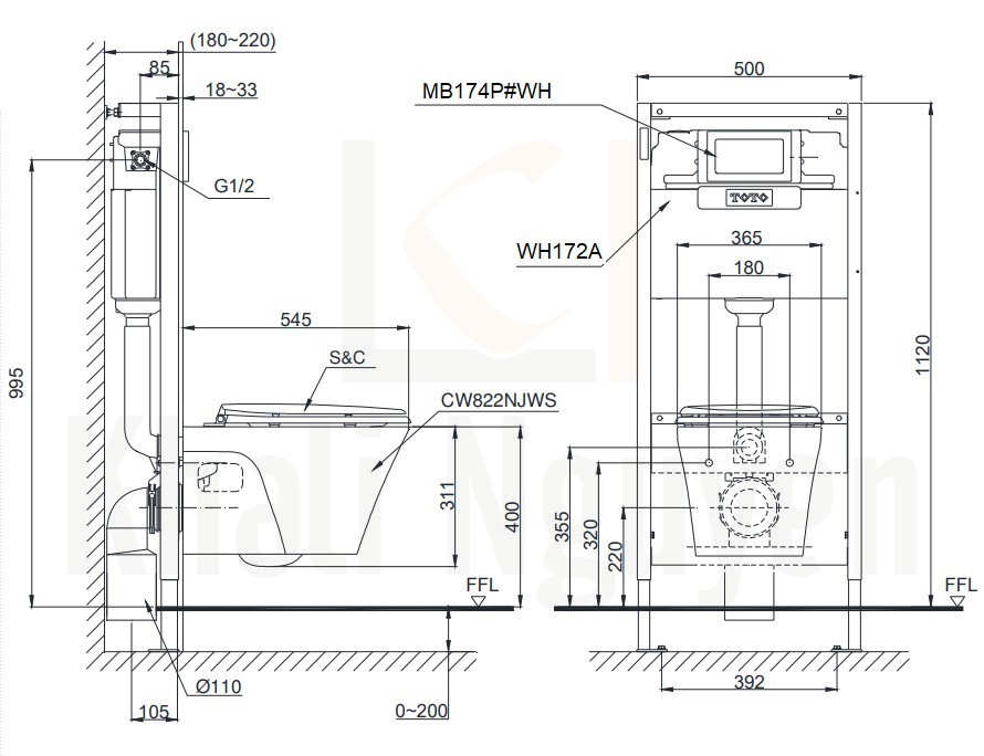 Bản Vẽ Bồn Cầu TOTO CW822NJWS/MB174P/WH172A Treo Tường