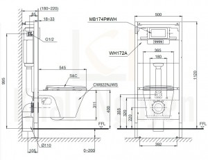 Bản Vẽ Bồn Cầu TOTO CW822NJWS/MB174P/WH172A Treo Tường