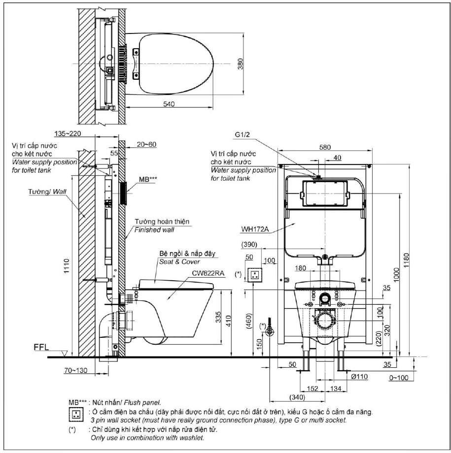 Bản vẽ bồn cầu TOTO treo tường CW822RA/TC600VS/WH172A/MB170P#SS