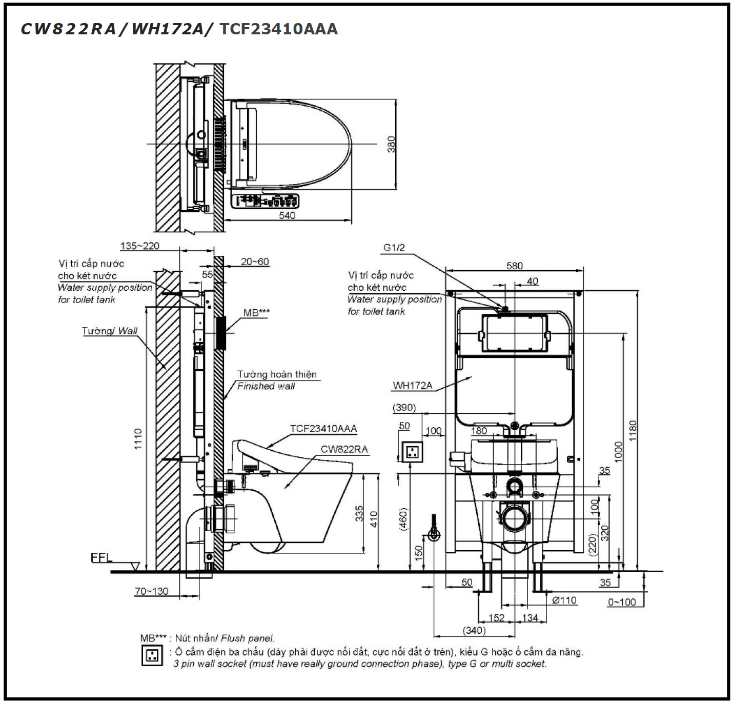 Bản vẽ bồn cầu TOTO treo tường CW822RA/TCF23410AAA/WH172A/MB170P#SS