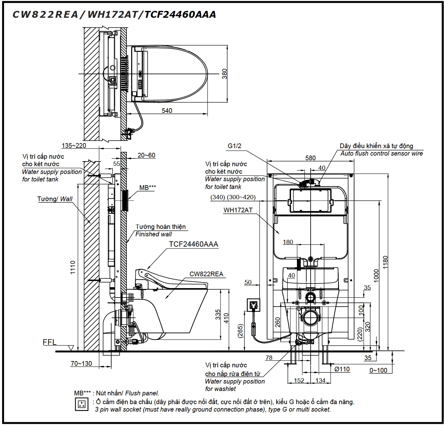 Bản vẽ bồn cầu TOTO treo tường W822REA/WH172AT/TCF24460AAA